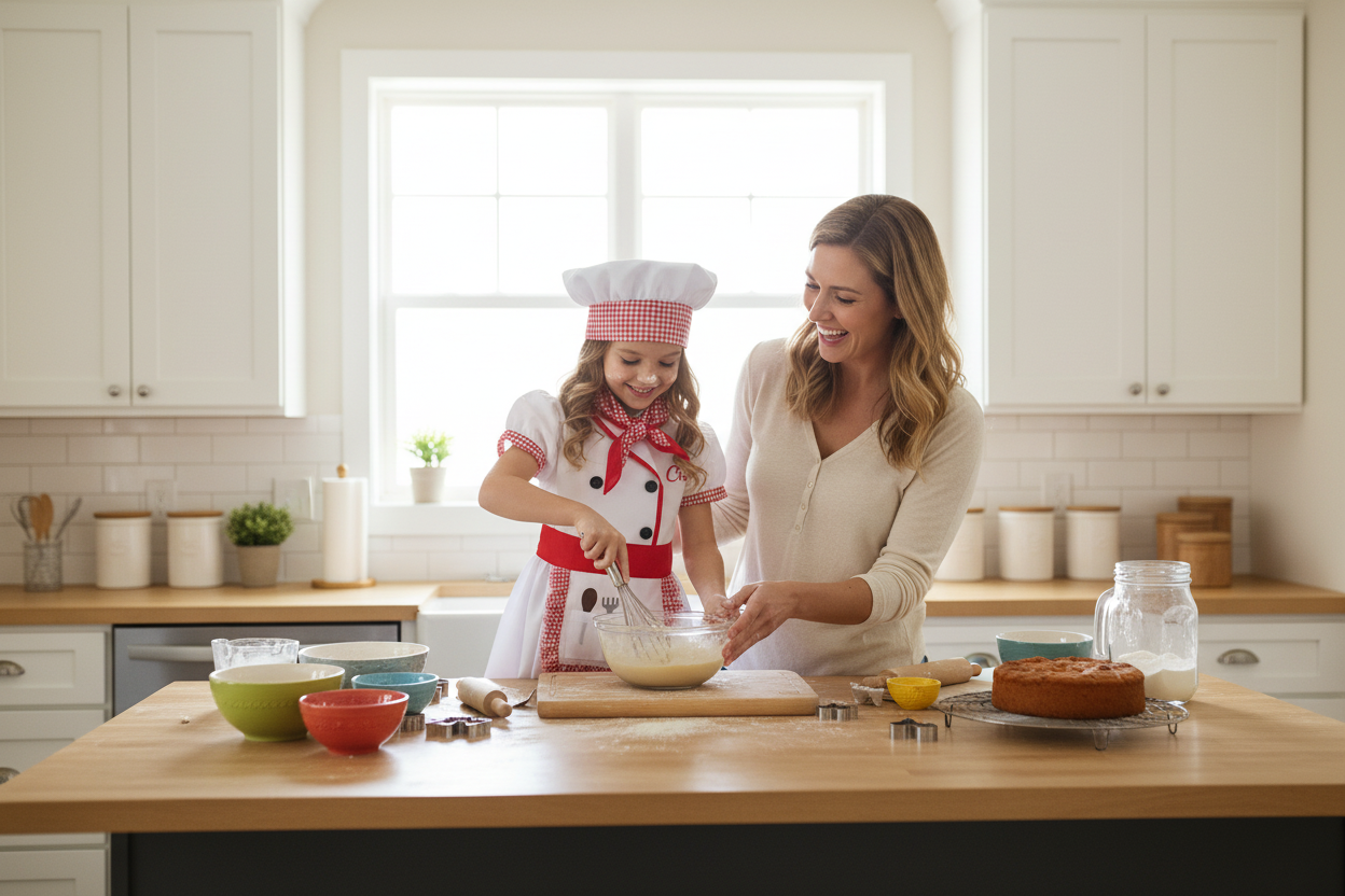 Petite fille portant le costume de cheffe, cuisinant joyeusement en cuisine