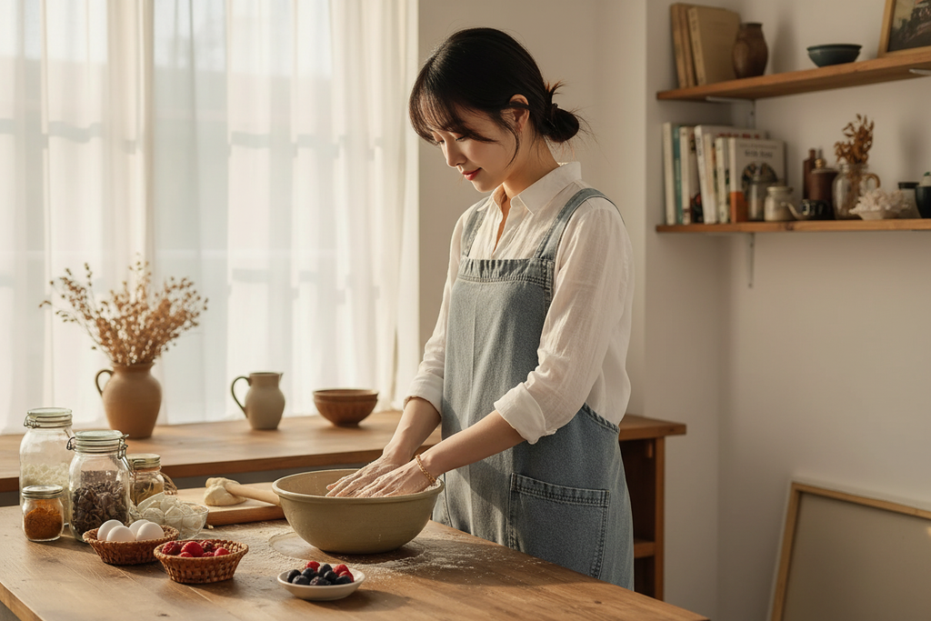 Femme portant la robe tablier en jean en cuisine, ambiance chaleureuse et élégante