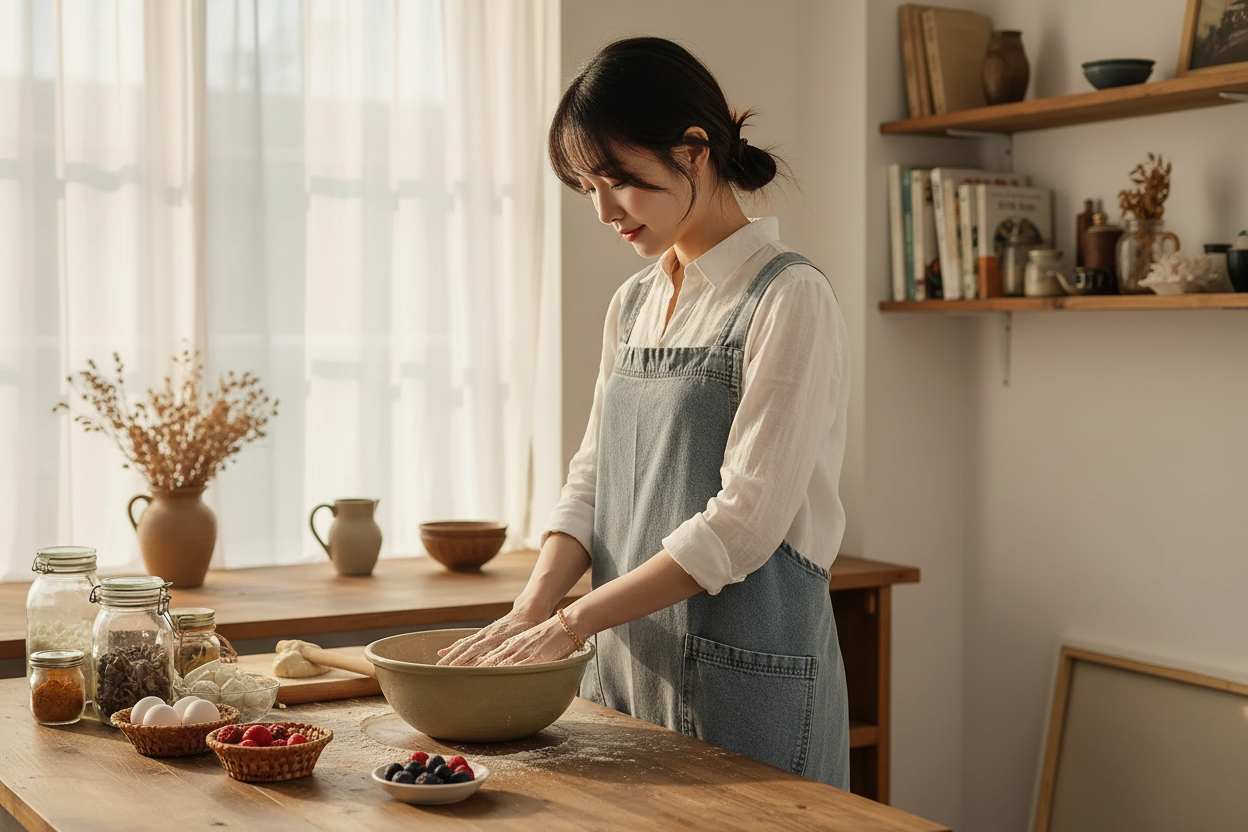 Femme portant la robe tablier en jean en cuisine, ambiance chaleureuse et élégante