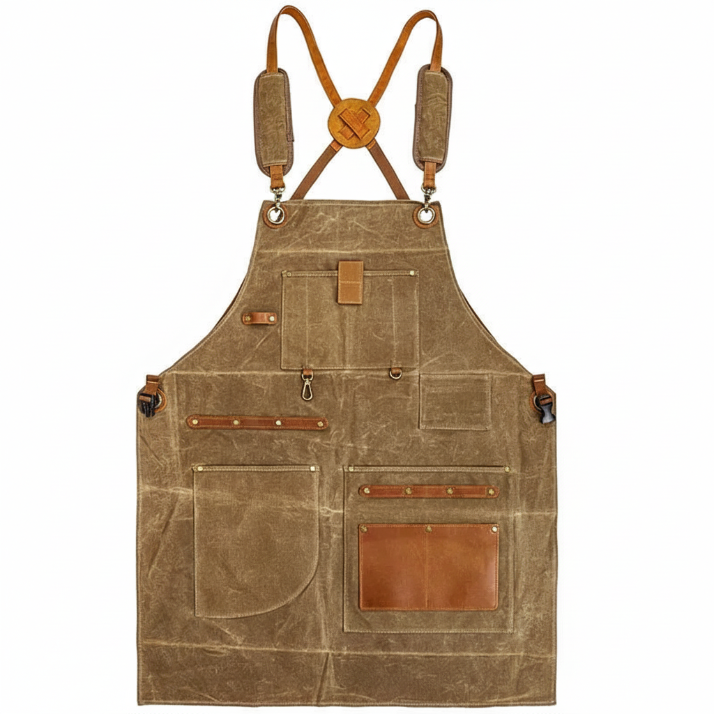 Tablier en toile cirée Khaki - flat lay fond blanc