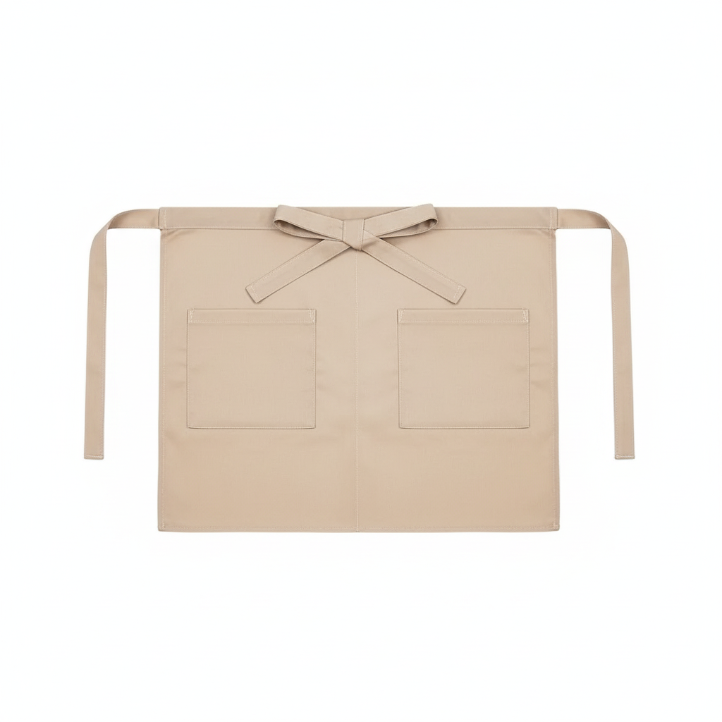 Tablier court de serveuse beige, flat lay fond blanc