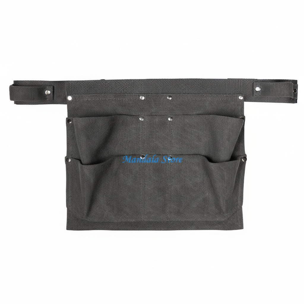 Tablier ceinture canvas rivets, flat lay fond blanc, porte-outils artisan