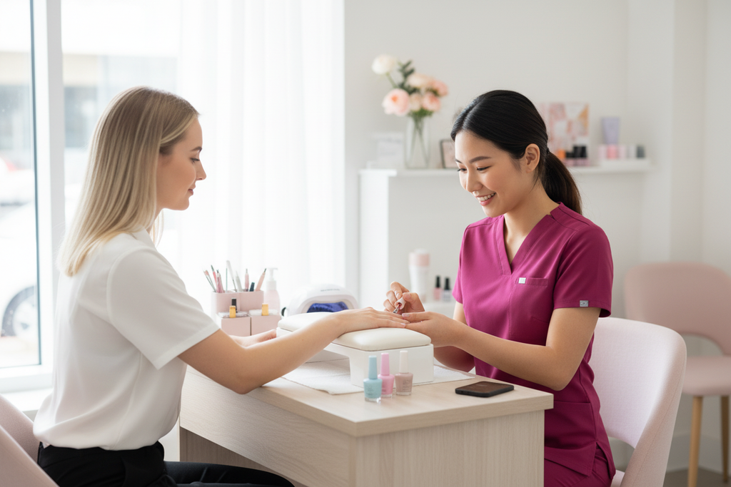 Prothésiste ongulaire portant le scrub top professionnel en salon de nail art