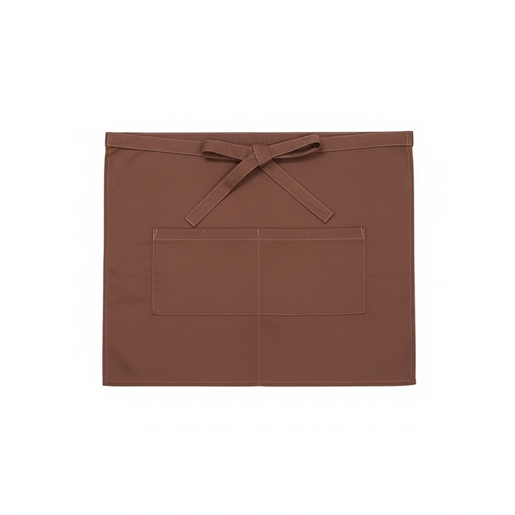 Tablier court de serveuse marron, flat lay fond blanc