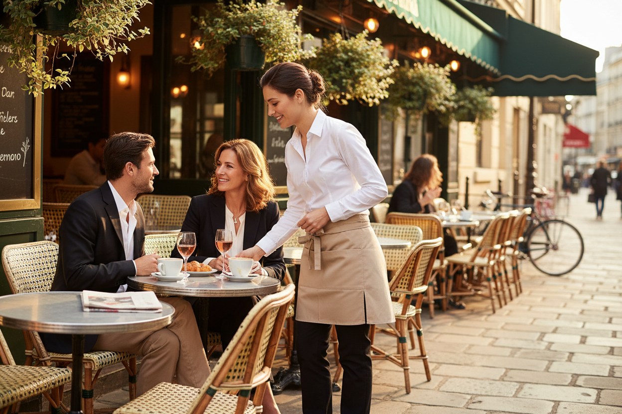 Serveuse en tablier court sur une terrasse de bistrot parisien ensoleillée