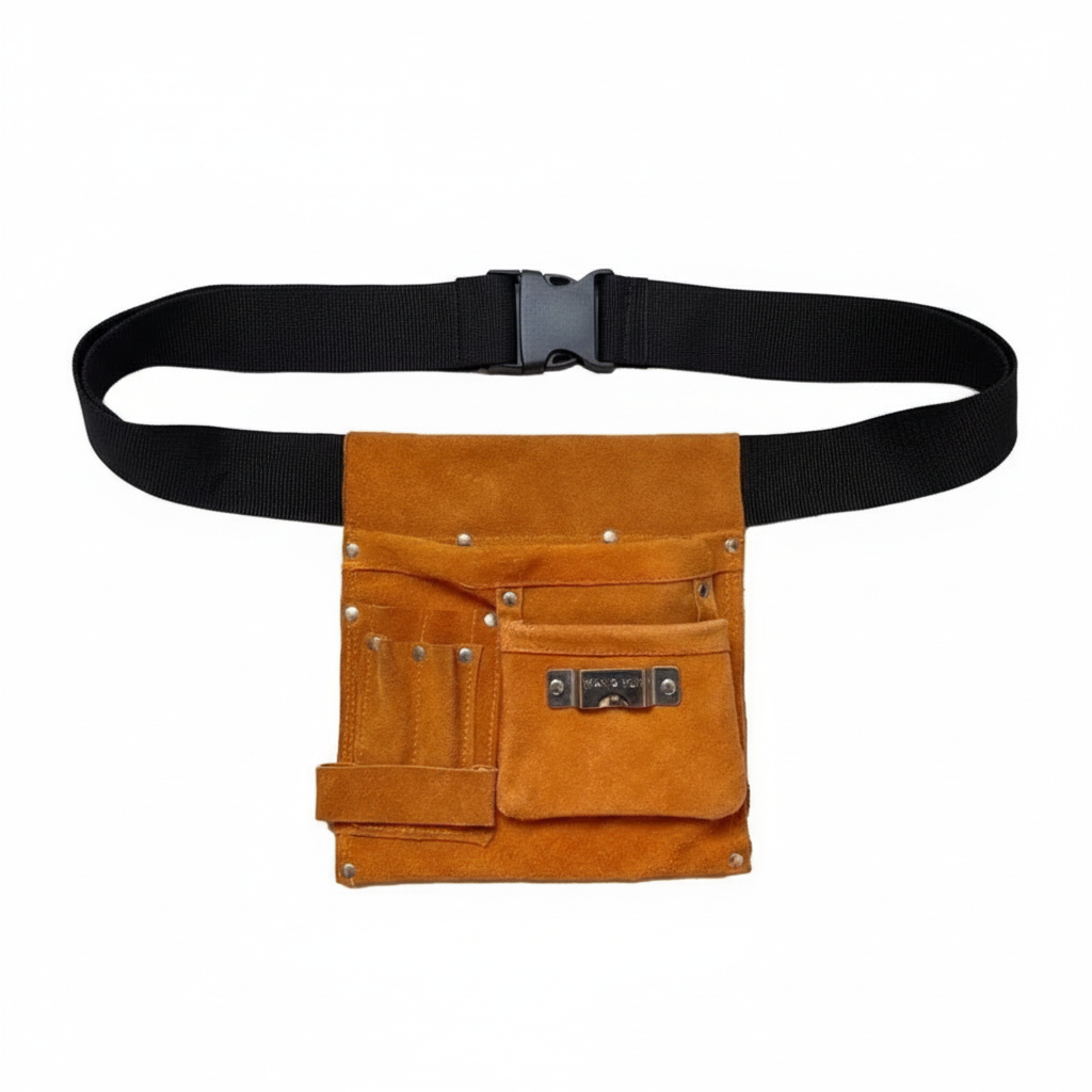 Tablier à outils en cuir de vachette, flat lay fond blanc, ceinture porte-outils