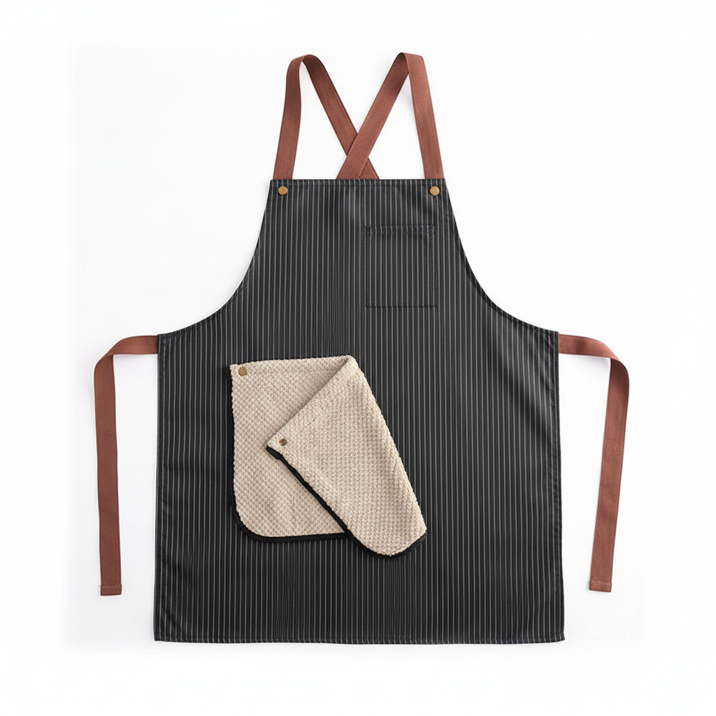 Tablier avec torchon intégré, flat lay fond blanc, tissu non-tissé