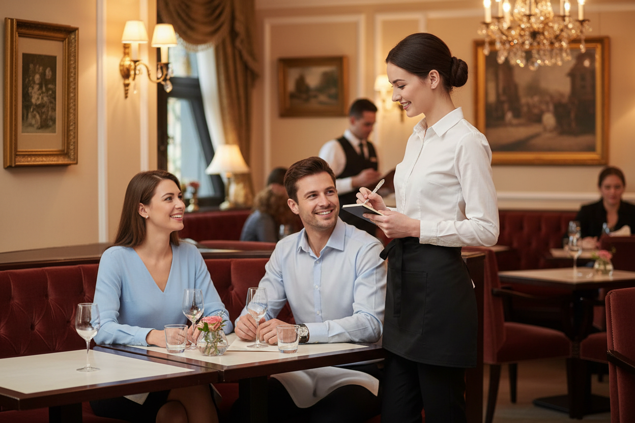 Serveuse portant le tablier court noir en service dans un restaurant raffiné