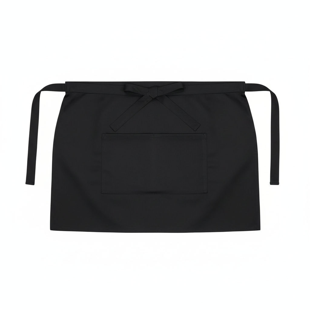 Tablier court de serveuse noir, flat lay fond blanc