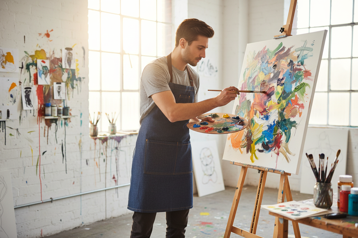 Tablier en denim porté en atelier de peinture, artiste créatif