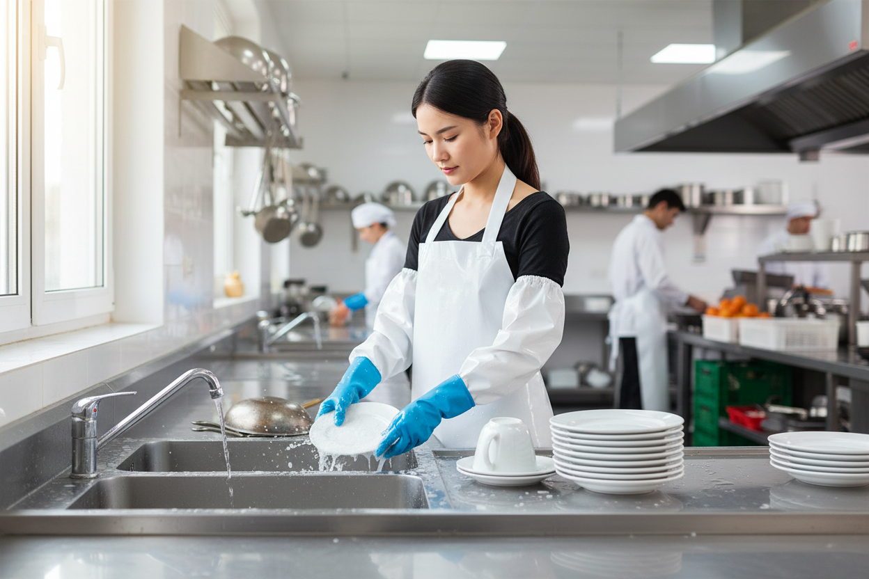 Tablier de plonge porté en cuisine professionnelle, plonge et vaisselle