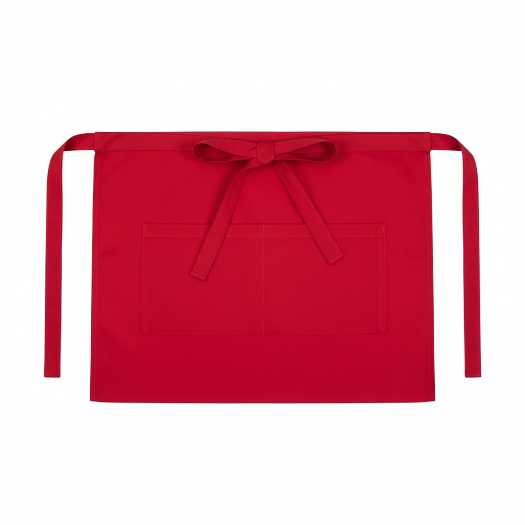 Tablier court de serveuse rouge, flat lay fond blanc