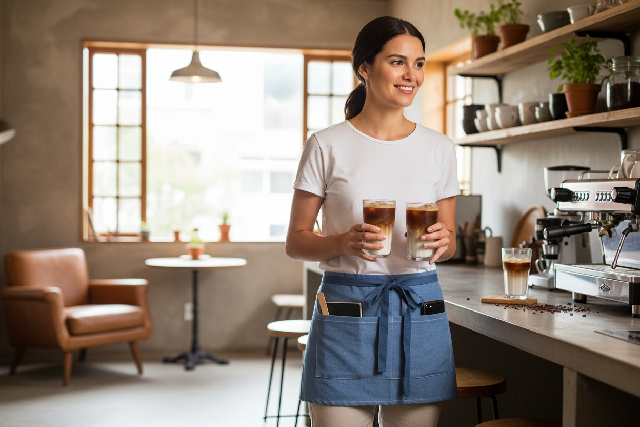 Tablier court en jean denim porté en cuisine ou service, style casual et décontracté