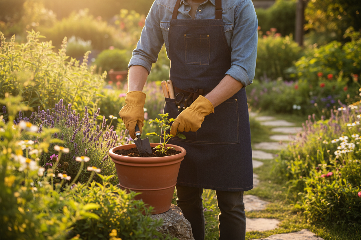 Tablier en denim porté au jardin, jardinage et plantation