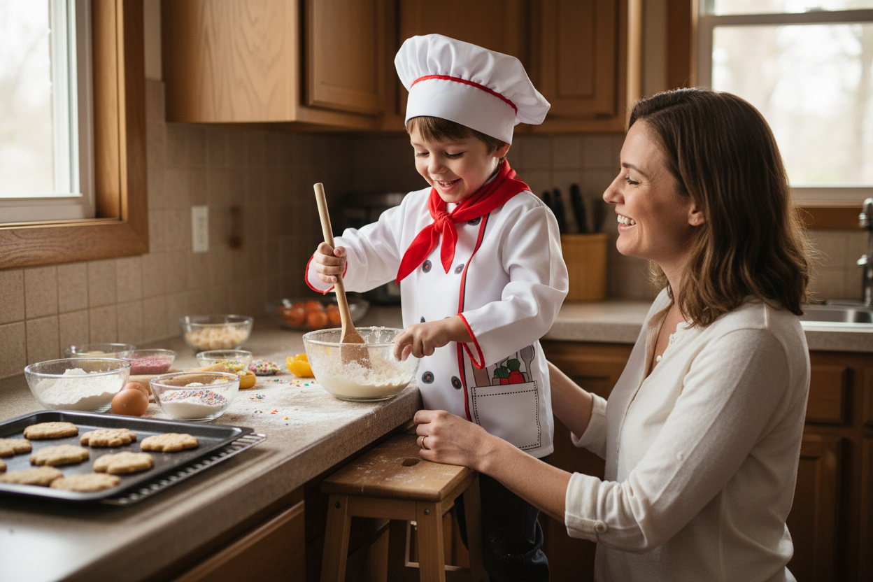 Petit garçon portant le costume de chef, cuisinant joyeusement en cuisine