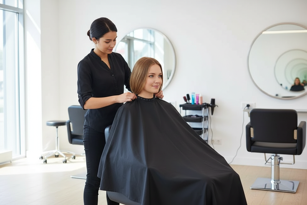 Cape de coiffure portée en salon, client installé pour une coupe