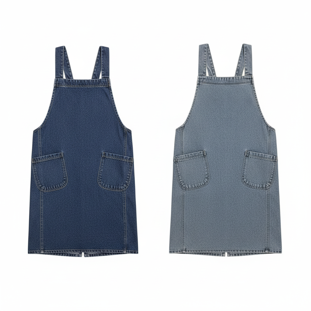 Robe tablier en jean denim coton, flat lay fond blanc, style coréen