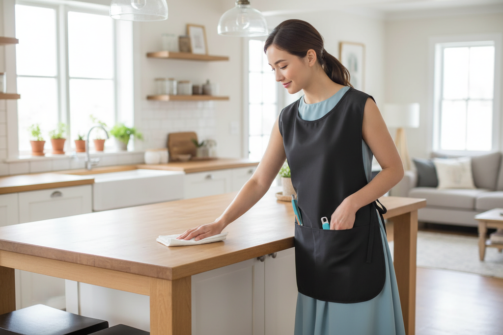 Femme portant la blouse sans manche en cuisine, ambiance douce et élégante