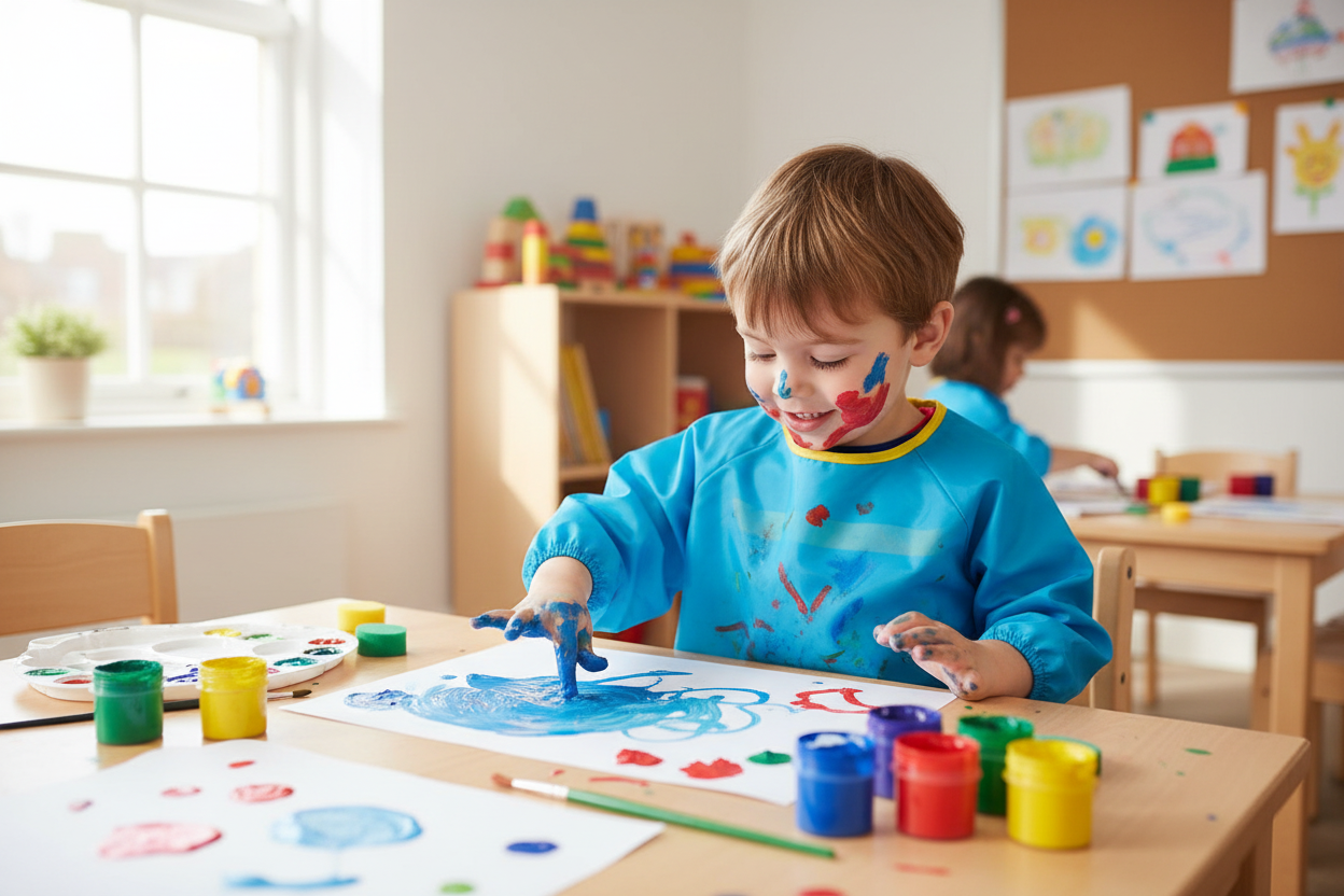 Tablier maternelle bleu peinture