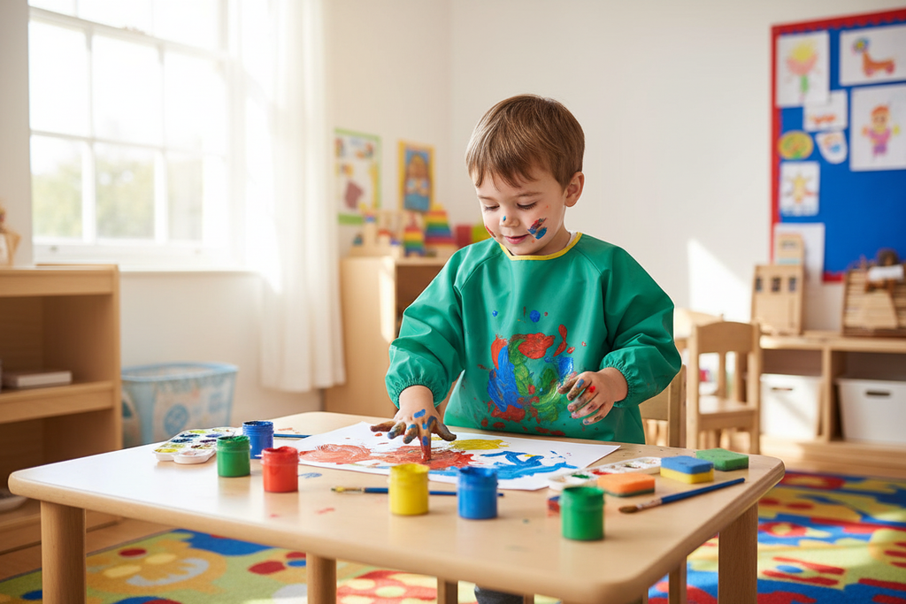 Tablier maternelle vert peinture
