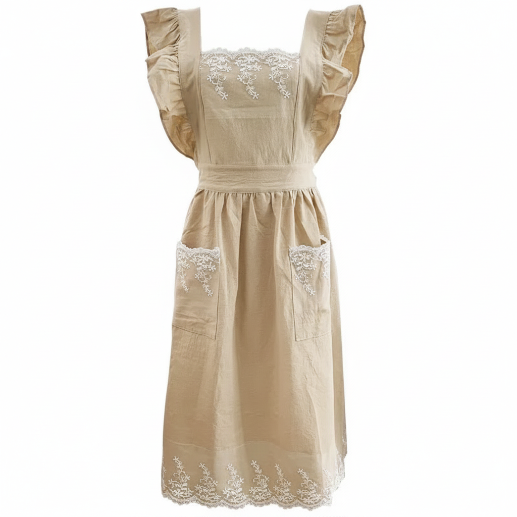 Tablier robe beige lin fond blanc